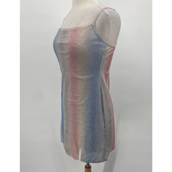 Vintage 90s Y2k Sparkle Mini Dress Glitter Ombre Stripe Silver Pink Blue Small - Picture 5 of 9